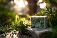 Natural handmade soap bar with herbs on stone surface in garden setting with warm sunlight and green foliage for organic skincare and wellness products.