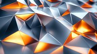 Abstract geometric background with metallic silver and glowing orange triangular shapes creating dynamic pattern with light and shadow effects. Modern design element.