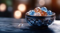 Decorative ceramic bowl filled with glowing orange and blue glass spheres on dark wooden surface against blurred warm bokeh background, creating magical ambiance.
