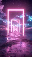 Glowing neon portal frames create infinite perspective over surreal purple landscape with starry night sky and ethereal clouds, mystical atmosphere with pink and blue hues.
