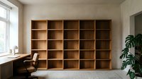 Modern minimalist home office with large wooden cube shelving unit and desk workspace for organization and productivity.