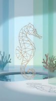 Geometric seahorse line art in polygonal wireframe style with coral decorations on soft blue green gradient background for modern marine decor.