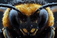 Extreme macro close up of bee head showing compound eyes, antennae and detailed fuzzy yellow and black fur texture with water droplets on surface.