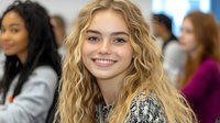 Young Caucasian woman with wavy blonde hair and bright smile in casual attire at social gathering or workplace, expressing positive emotions against blurred background.