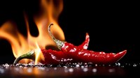 Red hot chili pepper with flames and salt crystals on dark background, dramatic food photography for restaurant menu design and spicy cuisine concept.
