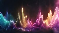 Vibrant multicolored sound waves with glowing light effects and bokeh particles creating dynamic audio visualization pattern on dark background.