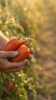 Farmer hands holding fresh ripe red tomatoes in sunny garden with warm golden light and blurred vegetable plants in background for organic farming concepts.