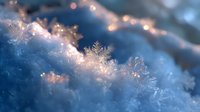 Delicate snowflake crystal formation on frosty winter surface with soft blue and golden bokeh lights creating magical seasonal atmosphere.