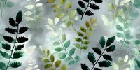 Watercolor fern leaves in green, yellow, and black silhouettes on soft gray background, creating a botanical pattern for nature-inspired designs.