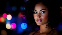 Young African American woman with curly hair and glamorous makeup against colorful bokeh lights background for fashion and beauty concepts.