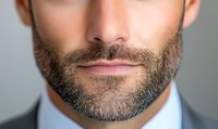 Close up of well-groomed male face showing neat trimmed beard, lips and chin area wearing business attire against neutral background. Professional grooming concept.