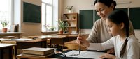 Asian female teacher helping young Caucasian student girl with homework in bright classroom. Educational mentoring and academic support concept.