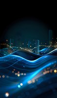 Abstract futuristic cityscape with glowing blue waves and light trails perfect for technology, innovation, or smart city concepts. Modern urban background design for digital presentations.
