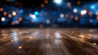 Empty wooden stage floor with blurred blue and orange bokeh lights background creating dramatic atmosphere for product display or performance space.