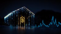 Glowing bitcoin mining farm building at night with hanging LED lights and cryptocurrency price chart graph in neon blue light creating magical atmosphere.