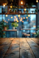 Rustic wooden table with blurred cafe interior background featuring warm hanging lights and bokeh effects, creating cozy restaurant atmosphere for food photography.