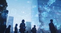 Silhouettes of business people against modern city backdrop with digital network overlay, representing corporate connectivity and digital transformation in urban environment.