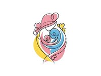 Colorful abstract mother and child embrace with flowing hair and hearts on white background isolated for design projects and family concepts.