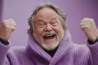 Excited senior Caucasian man with gray hair and beard celebrating success with raised fists, wearing purple knit sweater, expressing joy and triumph.
