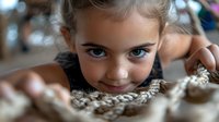 Young girl with bright blue eyes peeks playfully over a textured surface, creating an engaging portrait with shallow depth of field and warm natural lighting.