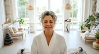 Mature woman with gray hair wearing cream cardigan in bright, plant-filled living room with natural light from large windows, comfortable home interior design setting.