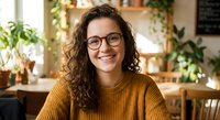 Young Hispanic woman with curly hair and glasses smiling warmly in cozy cafe with plants. Professional portrait for lifestyle and business content.