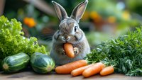 Cute gray bunny rabbit eating carrot among fresh vegetables and greens on wooden table in garden setting.
