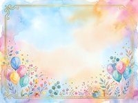 Watercolor floral frame with pastel balloons, flowers, and ornamental corners on soft gradient background. Isolated design element for invitations, cards, posters.