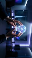 Businessman holding glowing digital sphere with neural network connections in modern tech environment, representing innovation, artificial intelligence, and future technology solutions.