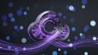 Glowing purple cloud icon with circuit patterns and neon light streams on dark background, symbolizing digital technology and data storage.