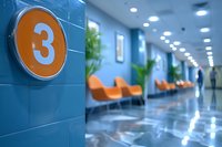 Modern hospital corridor with orange number 3 sign on blue wall, contemporary medical facility interior with seating area and bright lighting.