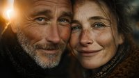 Happy mature couple embracing outdoors with warm sunlight, showing genuine love and connection in golden hour lighting for lifestyle content.