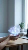 Hands holding glowing holographic brain projection above desk with laptop in modern office workspace representing artificial intelligence and innovation.
