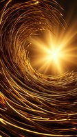 Golden spiral vortex with bright light rays emanating from center creating dynamic swirling motion pattern on warm amber background for energy concepts.