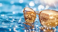 Stylish sunglasses with golden lenses reflecting sunlight on water surface with bokeh effect and water drops, summer vacation concept and lifestyle.