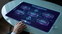 Interactive touchscreen interface displaying digital business ecosystem with connected modules for analytics, marketplace, and management systems on modern table.