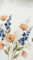 Watercolor floral arrangement with orange poppies and blue wildflowers on textured paper background for wedding invitations and botanical art projects.
