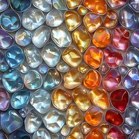 Colorful glass beads in metallic tones arranged in gradient pattern from cool blue to warm orange and red, creating abstract mosaic background for design projects.