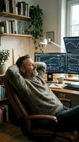 Relaxed middle-aged Caucasian male trader leaning back in chair, smiling at home office with stock market charts on dual monitors.
