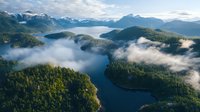 Aerial view of misty fjord with morning fog floating over deep blue waters, surrounded by forested mountains and dramatic coastline under cloudy sky. Perfect for travel themes.