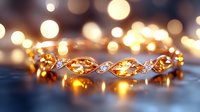 Delicate rose gold bracelet with citrine gemstones and diamonds on blurred bokeh background, luxury jewelry macro photography with warm glowing lights.