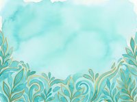Watercolor turquoise background with ornamental leaf border design, isolated on white. Suitable for invitations, greeting cards, and decorative projects.
