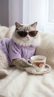 Stylish ragdoll cat wearing sunglasses and purple sweater sitting with tea cup on couch for humorous pet portrait and lifestyle concept.