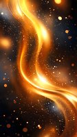Glowing golden wave of light and energy flowing through dark space with sparkling particles and bokeh effects creating magical atmosphere.