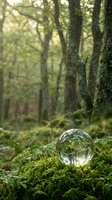 Crystal ball reflecting forest trees on moss covered ground in magical woodland setting with soft natural light filtering through canopy.