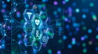 Digital healthcare technology network with medical icons in hexagonal grid pattern on blue background for telemedicine and health innovation concepts.