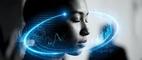 Young woman with closed eyes surrounded by glowing blue digital holographic interface displaying data analytics and futuristic technology elements.