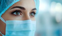 Close up view of expressive eyes with long eyelashes and defined eyebrows above surgical mask, wearing medical cap in hospital environment. Healthcare concept.