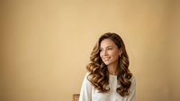 Young woman with long wavy brown hair, fair complexion, wearing white casual top, smiling while looking to the side against warm beige studio background for portrait and lifestyle use.