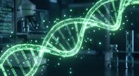 Glowing green DNA double helix structure with digital particles in modern laboratory setting for biotechnology and genetic research applications.
